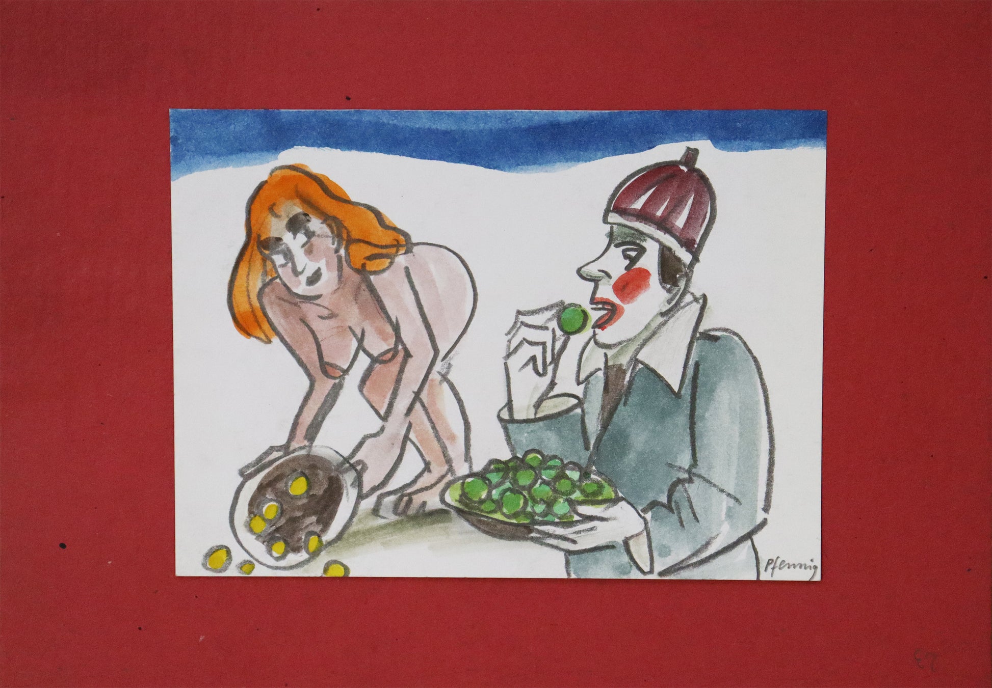 Original Mixed-Media-Malerei von Wolf-Dieter-Pfennig, ohne Titel – expressive Darstellung eines Mannes mit einer Schüssel grüner Trauben, im Hintergrund eine unbekleidete Frau, einen Teller auskippend mit gelben Trauben/Münzen. Mixed Media auf Papier, signiert, erhältlich bei Galerie Waldbach, What the Artist Made