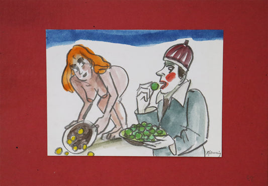 Original Mixed-Media-Malerei von Wolf-Dieter-Pfennig, ohne Titel – expressive Darstellung eines Mannes mit einer Schüssel grüner Trauben, im Hintergrund eine unbekleidete Frau, einen Teller auskippend mit gelben Trauben/Münzen. Mixed Media auf Papier, signiert, erhältlich bei Galerie Waldbach, What the Artist Made