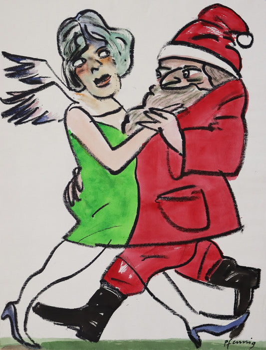 Original Mixed-Media-Malerei von Wolf-Dieter-Pfennig, ohne Titel – expressive Darstellung einer Frau, Engelsflügel auf dem Rücken, tanzend mit einer Person, die gekleidet ist wie der Weihnachtsmann.  Mixed Media auf Papier, signiert, erhältlich bei Galerie Waldbach, What the Artist Made