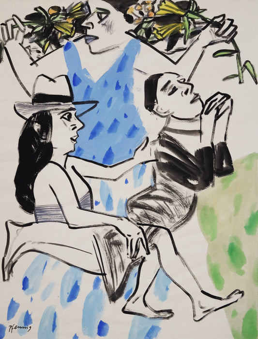 Original Mixed-Media-Malerei von Wolf-Dieter-Pfennig, ohne Titel  – expressive Darstellung einer Dreiergruppe. Eine Frau im blauen Kleid stehend, mit Blumen in den Händen neben ihrem Kopf. Davor eine Frau sitzend, eine dritte Figur auf dem Schoß, welche die Hände gebetsartig erhebt. Mixed Media auf Papier, signiert, erhältlich bei Galerie Waldbach, What the Artist Made