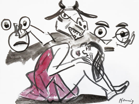 Original Mixed-Media-Malerei von Wolf-Dieter-Pfennig, ohne Titel  – expressive Darstellung einer Frau, im rosa Kleid sitzend, den Kopf auf die Knie gelegt. Im Hintergrund der Kopf einer Kuh, mit menschlichen Armen ausgestreckt, darin Gesichter angedeutet. Mixed Media auf Papier, signiert, erhältlich bei Galerie Waldbach, What the Artist Made