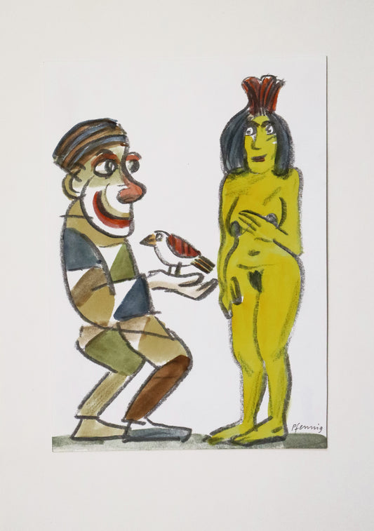 Original Mixed-Media-Malerei von Wolf-Dieter-Pfennig, ohne Titel – expressive Darstellung eines Mannes in farbiger Kleidung. Er hält einen Vogel, vermutlich Spatz in der Hand und zeigt ihn einer unbekleideten Frau, die eine Krone trägt. Mixed Media auf Papier, signiert, erhältlich bei Galerie Waldbach, What the Artist Made