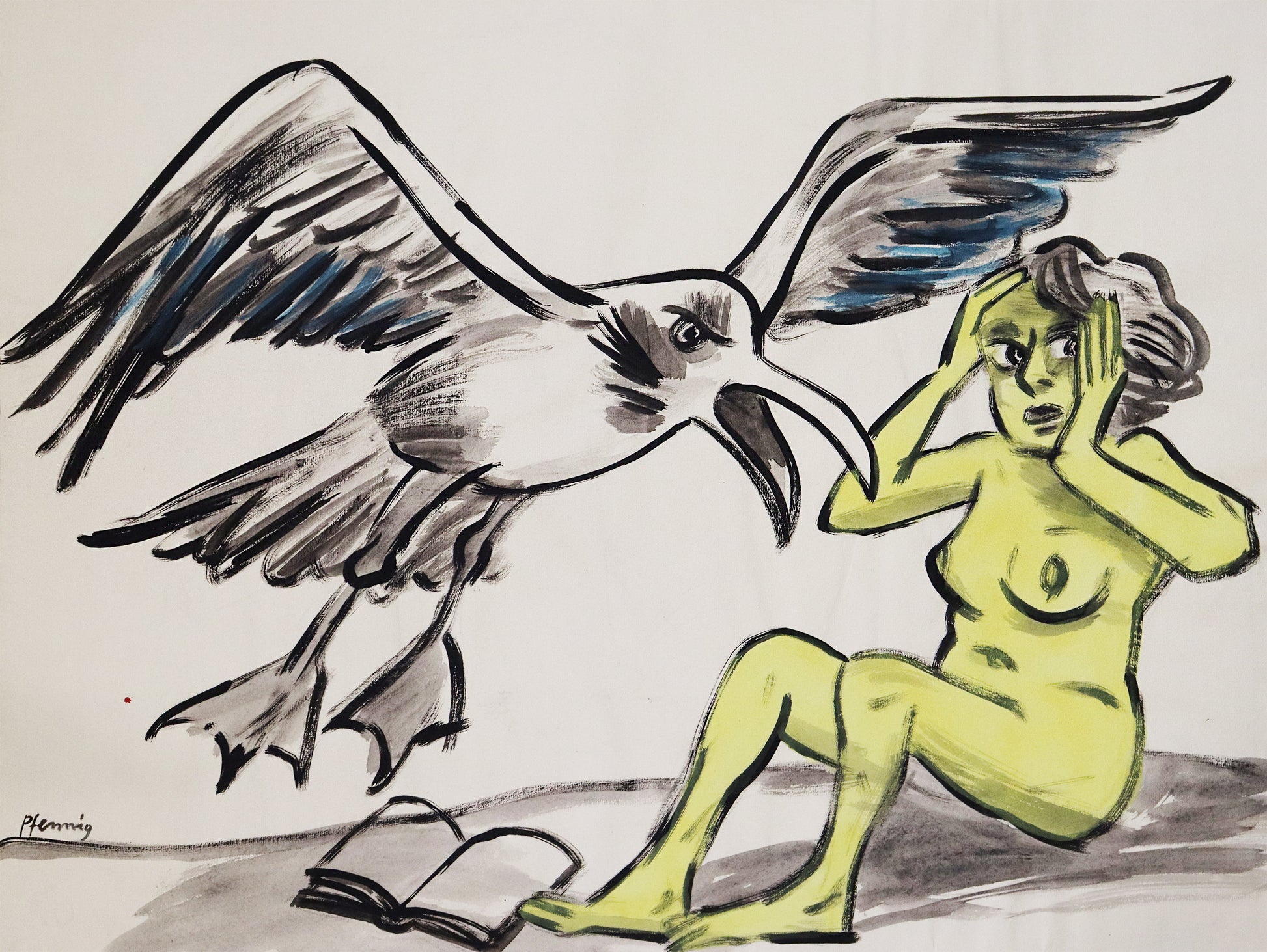Original Mixed-Media-Malerei von Wolf-Dieter-Pfennig, ohne Titel  – expressive Darstellung einer großen Möwe, diemit offenem Schnabel auf eine unbekleidete Frau, mit Gelb dargestellt,  zufliegt. Die Frau hält ihre Hände an den Kopf. Vor ihr ein offenes Buch. Mixed Media auf Papier, signiert, erhältlich bei Galerie Waldbach, What the Artist Made