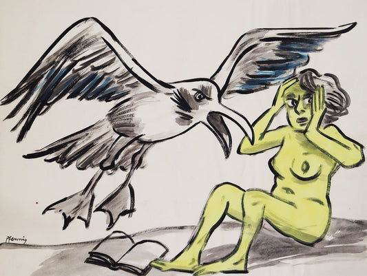 Original Mixed-Media-Malerei von Wolf-Dieter-Pfennig, ohne Titel  – expressive Darstellung einer großen Möwe, diemit offenem Schnabel auf eine unbekleidete Frau, mit Gelb dargestellt,  zufliegt. Die Frau hält ihre Hände an den Kopf. Vor ihr ein offenes Buch. Mixed Media auf Papier, signiert, erhältlich bei Galerie Waldbach, What the Artist Made