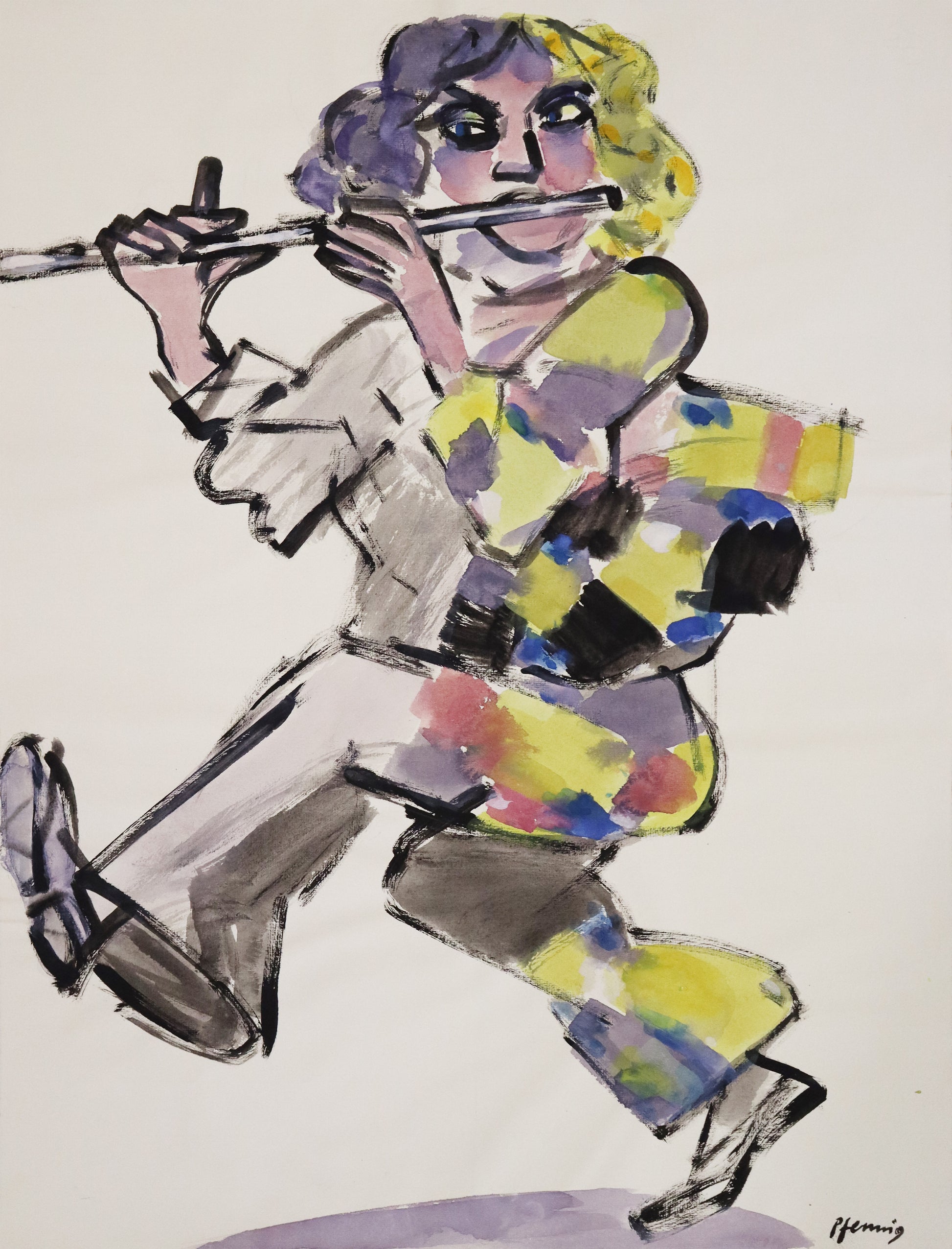 Original Mixed-Media-Malerei von Wolf-Dieter-Pfennig, ohne Titel  – expressive Darstellung eines Musikers in buntem Kostüm, eine Querflöte spielend. Er hebt das Bein an und tanzt beim Spielen. Mixed Media auf Papier, signiert, erhältlich bei Galerie Waldbach, What the Artist Made