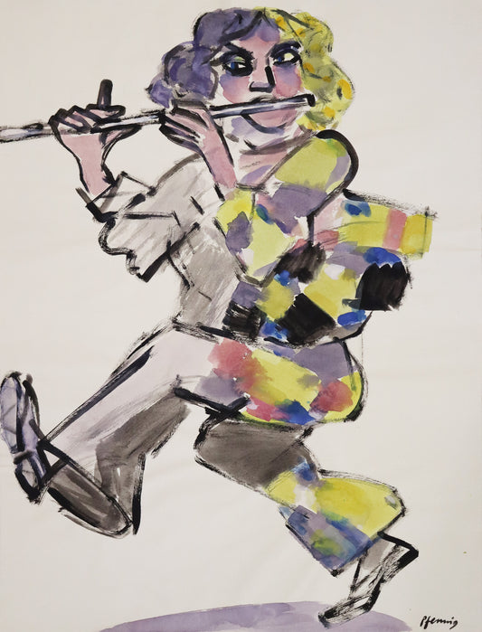 Original Mixed-Media-Malerei von Wolf-Dieter-Pfennig, ohne Titel  – expressive Darstellung eines Musikers in buntem Kostüm, eine Querflöte spielend. Er hebt das Bein an und tanzt beim Spielen. Mixed Media auf Papier, signiert, erhältlich bei Galerie Waldbach, What the Artist Made