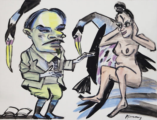 Original Mixed-Media-Malerei von Wolf-Dieter-Pfennig, ohne Titel – expressive Darstellung eines Mannes, Ähnlichkeit mit Dalí, vor ihm eine unbekleidete Frau, zwei große Vögel. Mixed Media auf Papier, signiert, erhältlich bei Galerie Waldbach, What the Artist Made