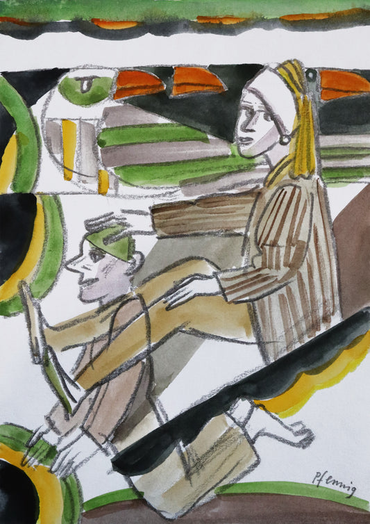 Original Mixed-Media-Malerei von Wolf-Dieter-Pfennig, ohne Titel  – expressive Darstellung einer Frau, sitzend, Kopf und Kopfschmuck erinnern an das Gemälde Vermeers "Mädchen mit dem Perlenohrring". Sie legt ihre Hand auf einen Mann vor ihr, knieend. Im Hintergrund Andeutungen von Vögeln. Mixed Media auf Papier, signiert, erhältlich bei Galerie Waldbach, What the Artist Made