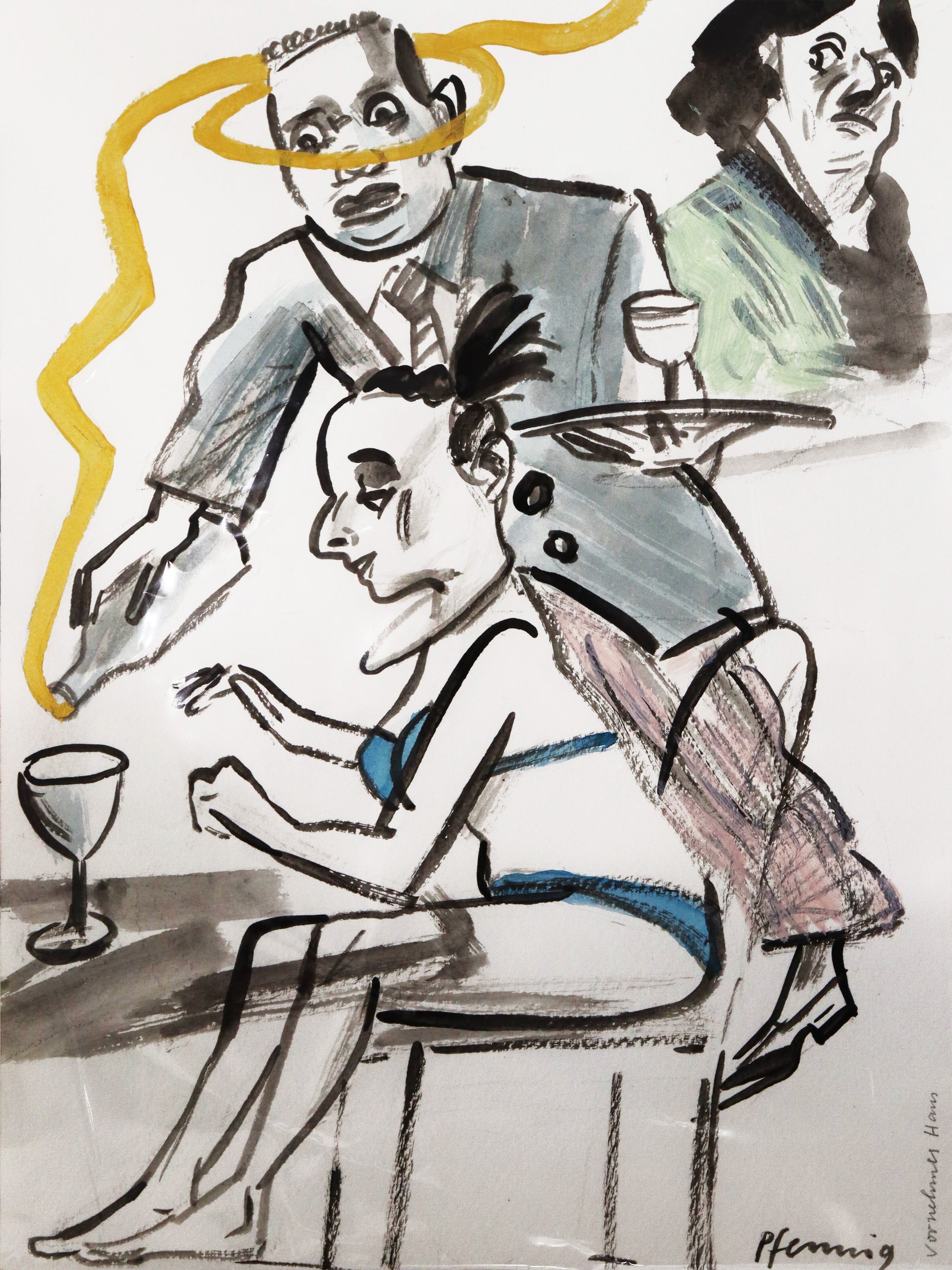 Original Mixed-Media-Malerei von Wolf-Dieter-Pfennig, Titel: „Vornehmes Haus“– expressive Darstellung einer Frau, sitzend im blauen Bikini am Tisch, dahinter ein Kellner/Angestellter ein Glas  füllend. Aus der Flasche kommt goldene Farbe und schwebt um seinen Kopf, dahinter eine Frau skeptisch auf die Szene blickend. Mixed Media auf Papier, signiert, erhältlich bei Galerie Waldbach - What The Artist Made