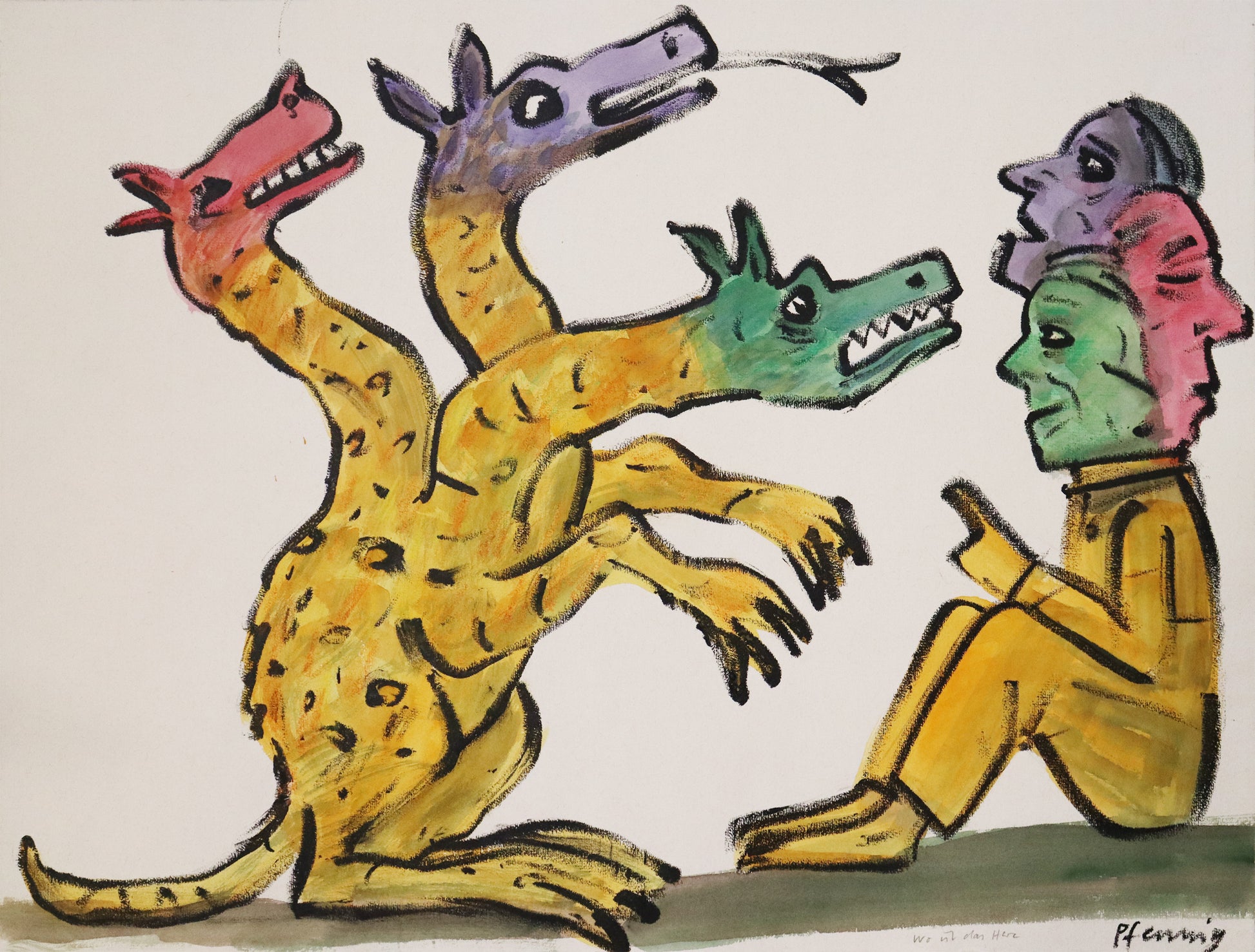 Original Mixed-Media-Malerei von Wolf-Dieter-Pfennig, Titel: „Wo ist das Herz“  – expressive Darstellung einer drachenartigen gelben Figur mit drei Köpfen in grün, violett, rot. rechts davor sitzend eine Person, die den Finger erhebt. Sie hat 3 Köpfe in den gleichen Farben. Mixed Media auf Papier, signiert, erhältlich bei Galerie Waldbach, What the Artist Made