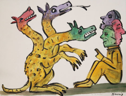Original Mixed-Media-Malerei von Wolf-Dieter-Pfennig, Titel: „Wo ist das Herz“  – expressive Darstellung einer drachenartigen gelben Figur mit drei Köpfen in grün, violett, rot. rechts davor sitzend eine Person, die den Finger erhebt. Sie hat 3 Köpfe in den gleichen Farben. Mixed Media auf Papier, signiert, erhältlich bei Galerie Waldbach, What the Artist Made