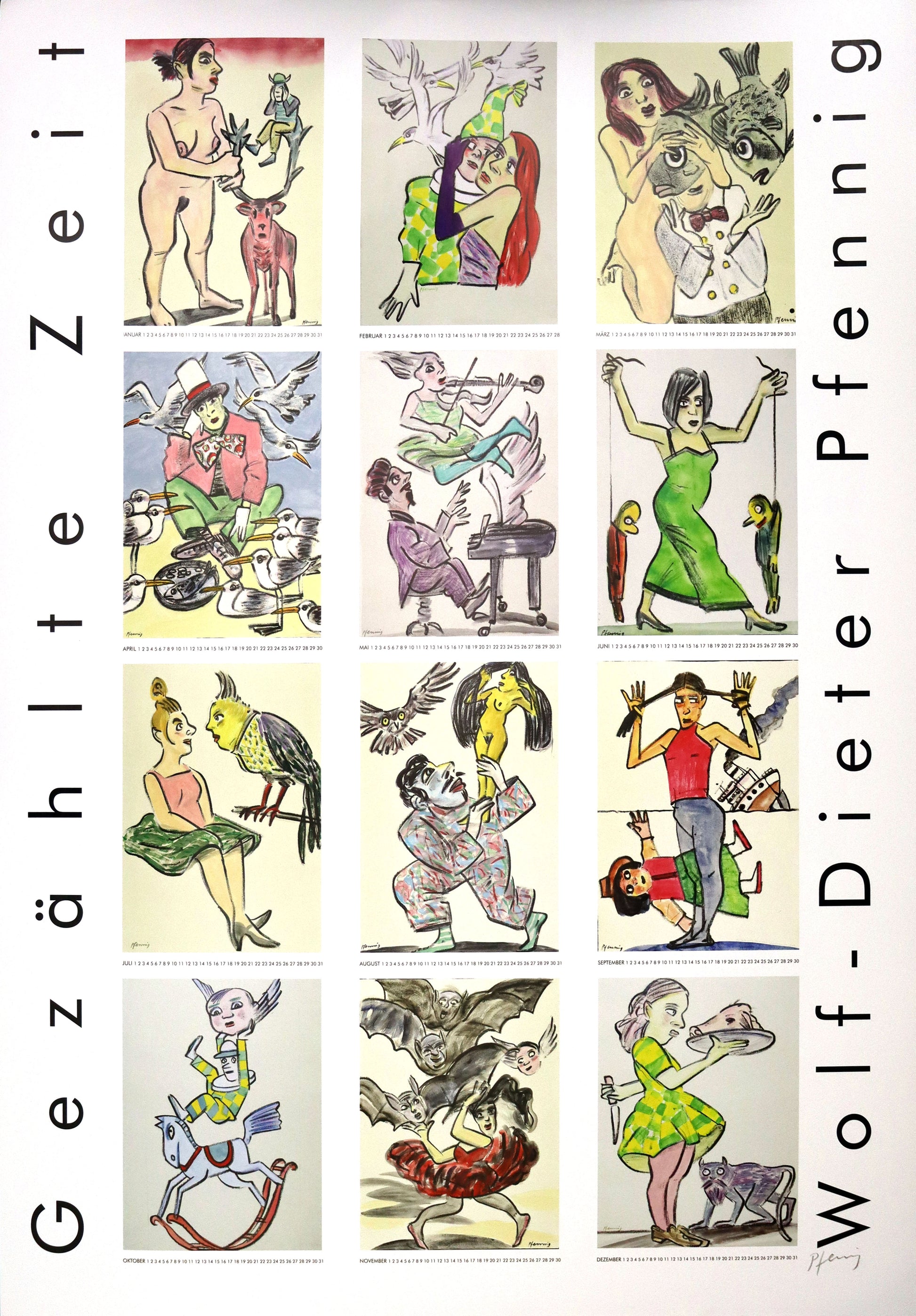 Plakat, handsigniert von Wolf-Dieter-Pfennig, Titel „Gezählte Zeit“ – Sammlung von Werken von Pfennig als Kalenderblatt, Anordung von je drei Werken in 4 Reihen von Januar bis Dezember, mit jeweils kalendarischen Tagen darunter, ewiger Kalender. An der Seite links der Titel, rechts Pfennigs Name, darunter Signatur, erhältlich bei What The Artist Made.