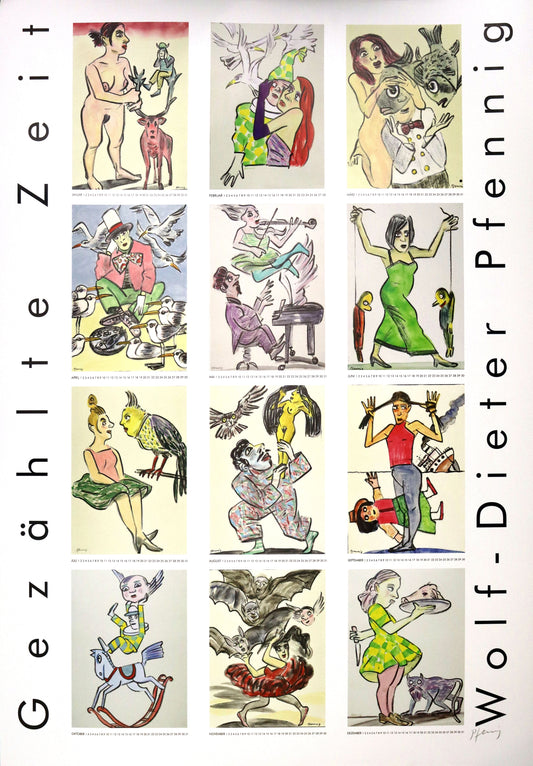 Plakat, handsigniert von Wolf-Dieter-Pfennig, Titel „Gezählte Zeit“ – Sammlung von Werken von Pfennig als Kalenderblatt, Anordung von je drei Werken in 4 Reihen von Januar bis Dezember, mit jeweils kalendarischen Tagen darunter, ewiger Kalender. An der Seite links der Titel, rechts Pfennigs Name, darunter Signatur, erhältlich bei What The Artist Made.