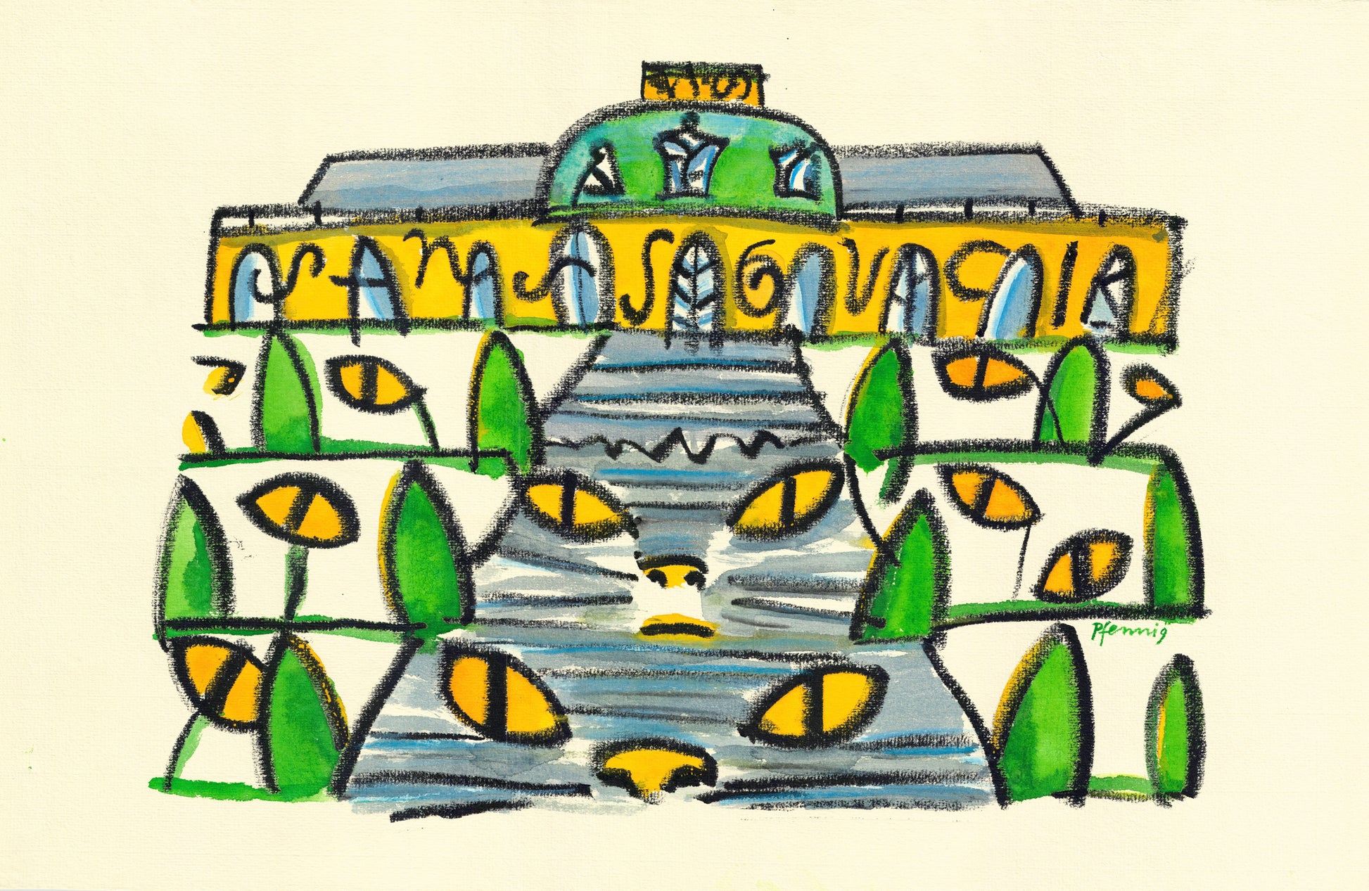 Plakat, handsigniert von Wolf-Dieter-Pfennig, Titel „Katzenaugen Sanssouci“ – expressive Darstellung  einer Ansicht vom Schloss Sanssouci mit "Sanssouci" Beschriftung im Schloss. Katzenaugen überall in der umgebenden Parklandschaft und Andeutung von zwei Katzengesichtern im Aufgang zum Schloss. Potsdam Parklandschaft und historische Architektur, Bildelemente in grün und gelb gedruckt, erhältlich bei What The Artist Made
