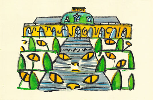 Plakat, handsigniert von Wolf-Dieter-Pfennig, Titel „Katzenaugen Sanssouci“ – expressive Darstellung  einer Ansicht vom Schloss Sanssouci mit "Sanssouci" Beschriftung im Schloss. Katzenaugen überall in der umgebenden Parklandschaft und Andeutung von zwei Katzengesichtern im Aufgang zum Schloss. Potsdam Parklandschaft und historische Architektur, Bildelemente in grün und gelb gedruckt, erhältlich bei What The Artist Made