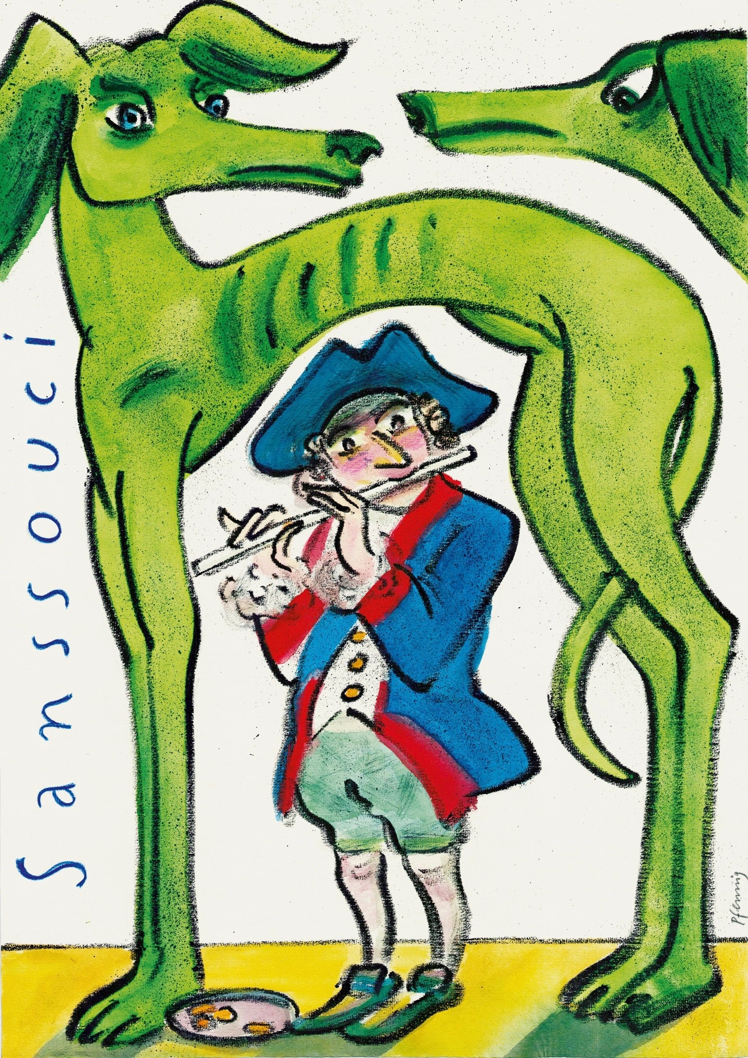 Plakat, handsigniert von Wolf-Dieter-Pfennig, Titel „Sanssouci, Grüne Hunde und Alter Fritz“ – expressive Darstellung eines grünen Hundes, ein zweiter von rechts ins Bild schauend. Daneben mit "Sanssouci" Beschriftung. Darunter Friedrich der Große / Alter Fritz stehend und Querflöte spielend. Bildelemente in grün, blau, rot und gelb gedruckt, erhältlich bei What The Artist Made