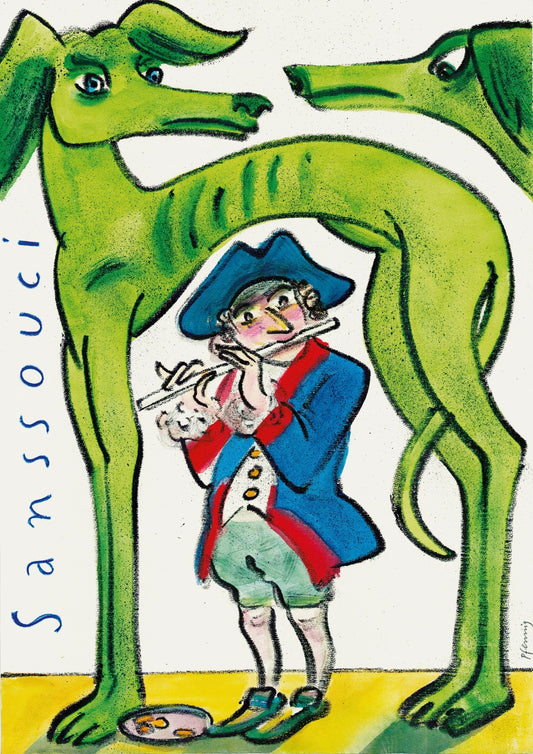 Plakat, handsigniert von Wolf-Dieter-Pfennig, Titel „Sanssouci, Grüne Hunde und Alter Fritz“ – expressive Darstellung eines grünen Hundes, ein zweiter von rechts ins Bild schauend. Daneben mit "Sanssouci" Beschriftung. Darunter Friedrich der Große / Alter Fritz stehend und Querflöte spielend. Bildelemente in grün, blau, rot und gelb gedruckt, erhältlich bei What The Artist Made