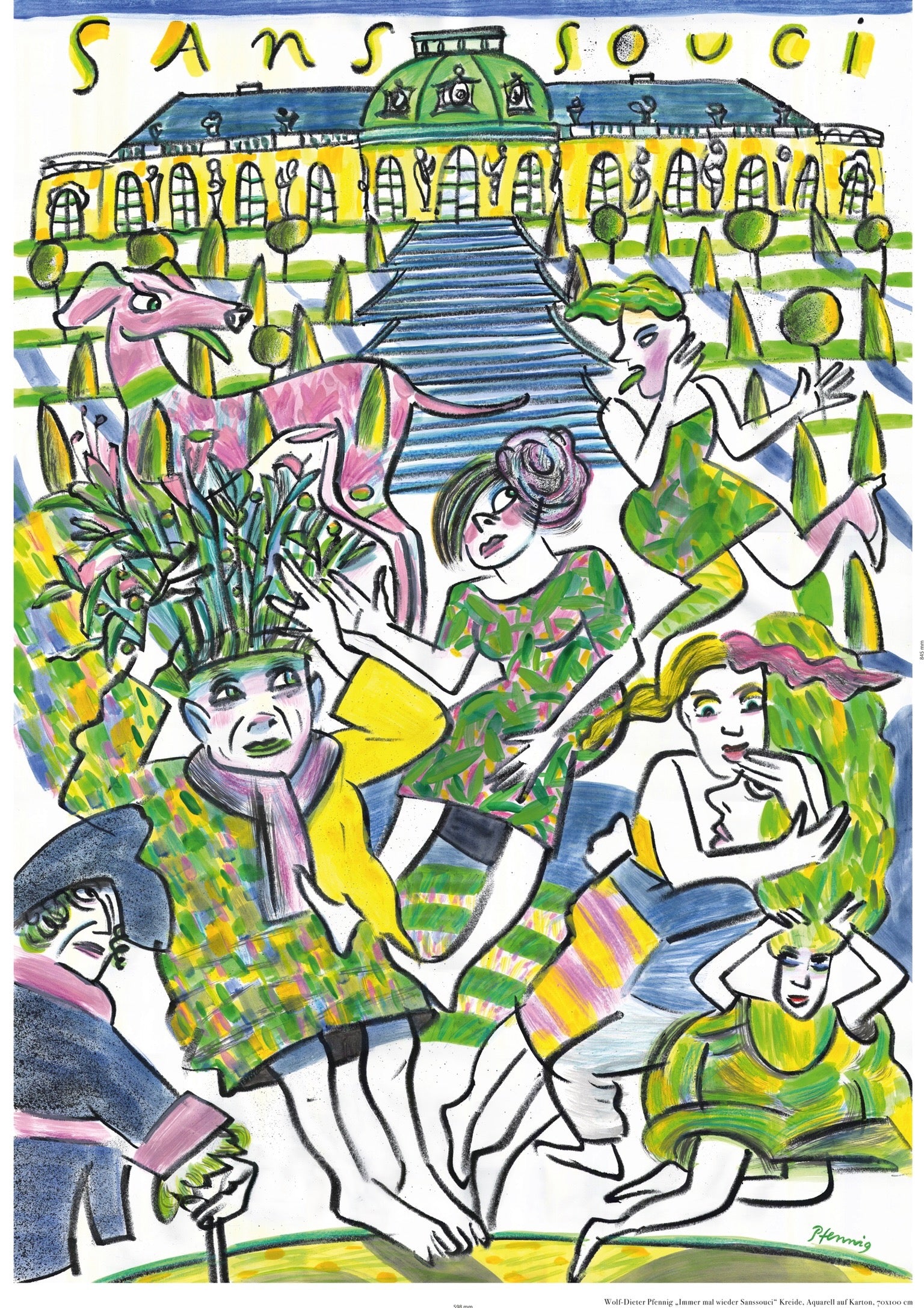 Plakat, handsigniert von Wolf-Dieter-Pfennig, Titel „immer mal wieder“ – expressive Darstellung einer Ansicht vom Schloss Sanssouci mit "Sanssouci" Beschriftung über dem Schloss. Vor dem Treppenaufgang Versammlung von Personen, historisch und modern, sowie ein roter Hund. Potsdam Parklandschaft und historische Architektur, Bildelemente in grün, blau, rot und gelb gedruckt, erhältlich bei What The Artist Made