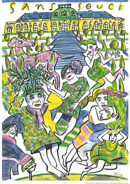 Plakat, handsigniert von Wolf-Dieter-Pfennig, Titel „immer mal wieder“ – expressive Darstellung einer Ansicht vom Schloss Sanssouci mit "Sanssouci" Beschriftung über dem Schloss. Vor dem Treppenaufgang Versammlung von Personen, historisch und modern, sowie ein roter Hund. Potsdam Parklandschaft und historische Architektur, Bildelemente in grün, blau, rot und gelb gedruckt, erhältlich bei What The Artist Made