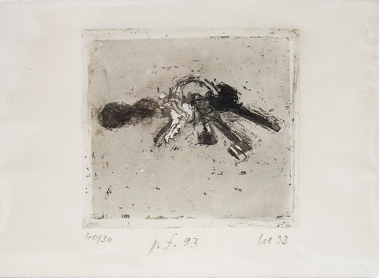 Radierung von Wolfgang Wegner, Titel "Schlüssel" auf Büttenpapier mit Büttenrand. Darstellung eines Schlüsselbundes liegend. Unterhalb der Radierung Signatur, Jahr und Auflagennummer. Erhältlich bei Galerie Waldbach - What The Artist Made